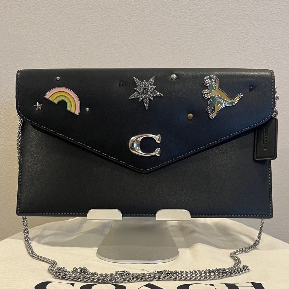 Coach Essential Clutch Black Crossbody Chain Customized with Rexy Rainbow Stars